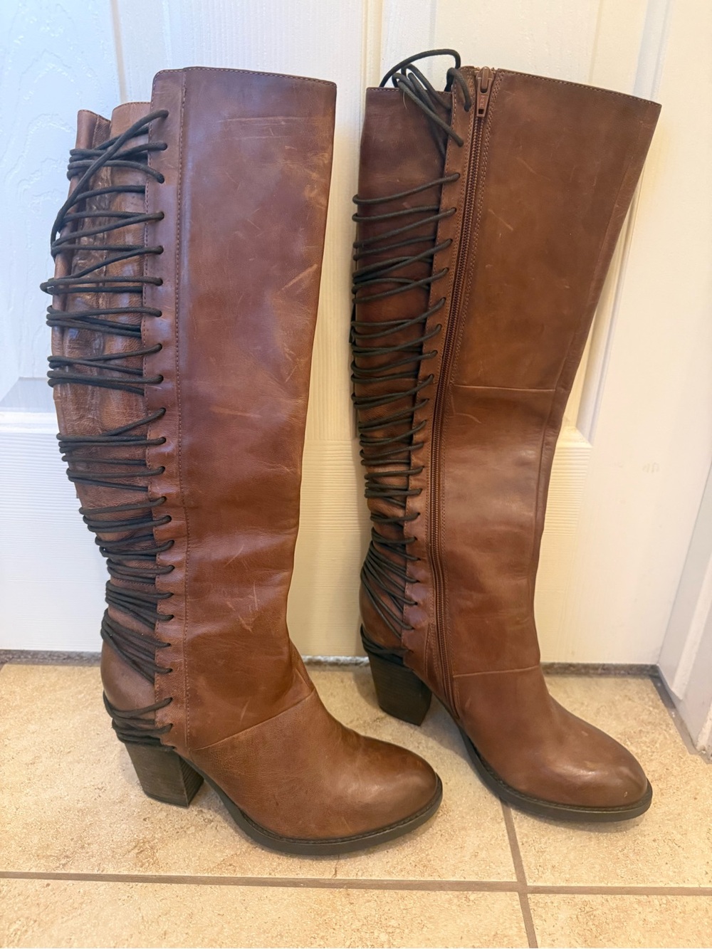 Tall Lace-Up Brown Knee-High Boots with Side Zip